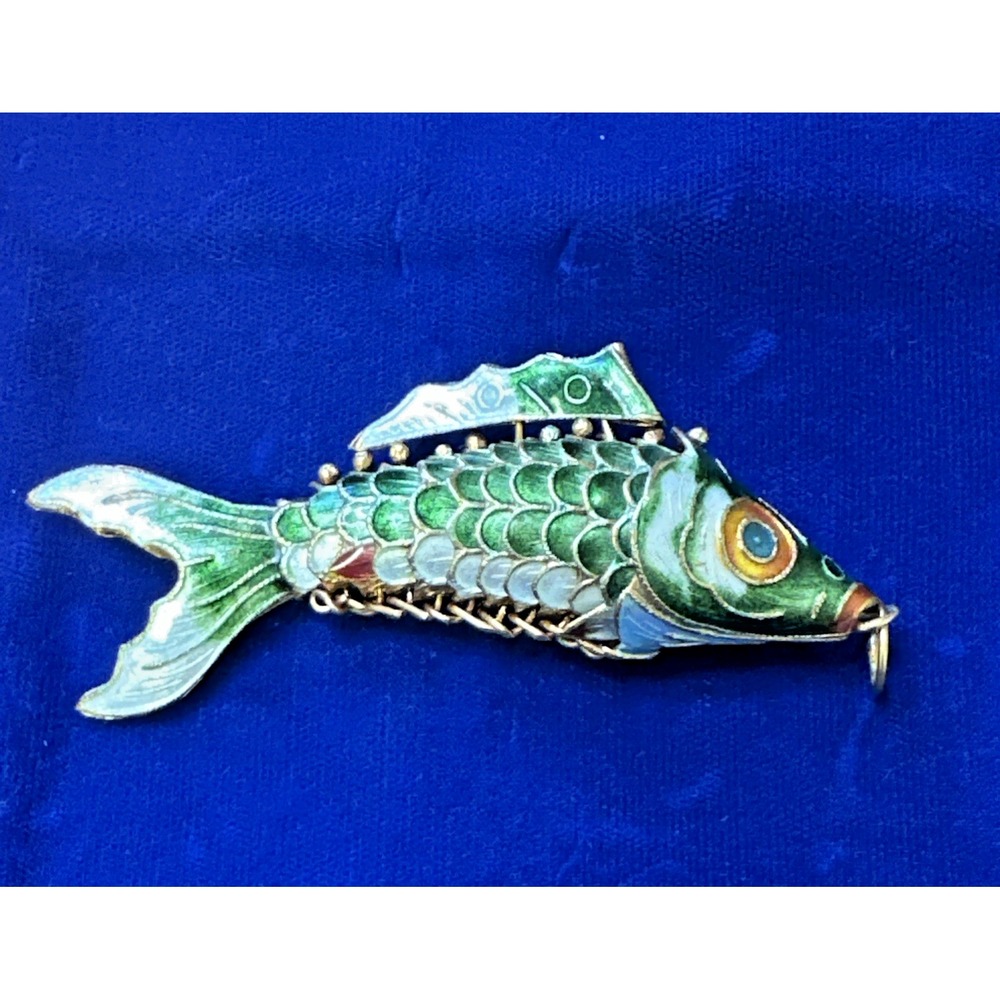 Vtg  Koi Fish Cloisonne Green and  Orange Articulated Enamel Ornament Pendant